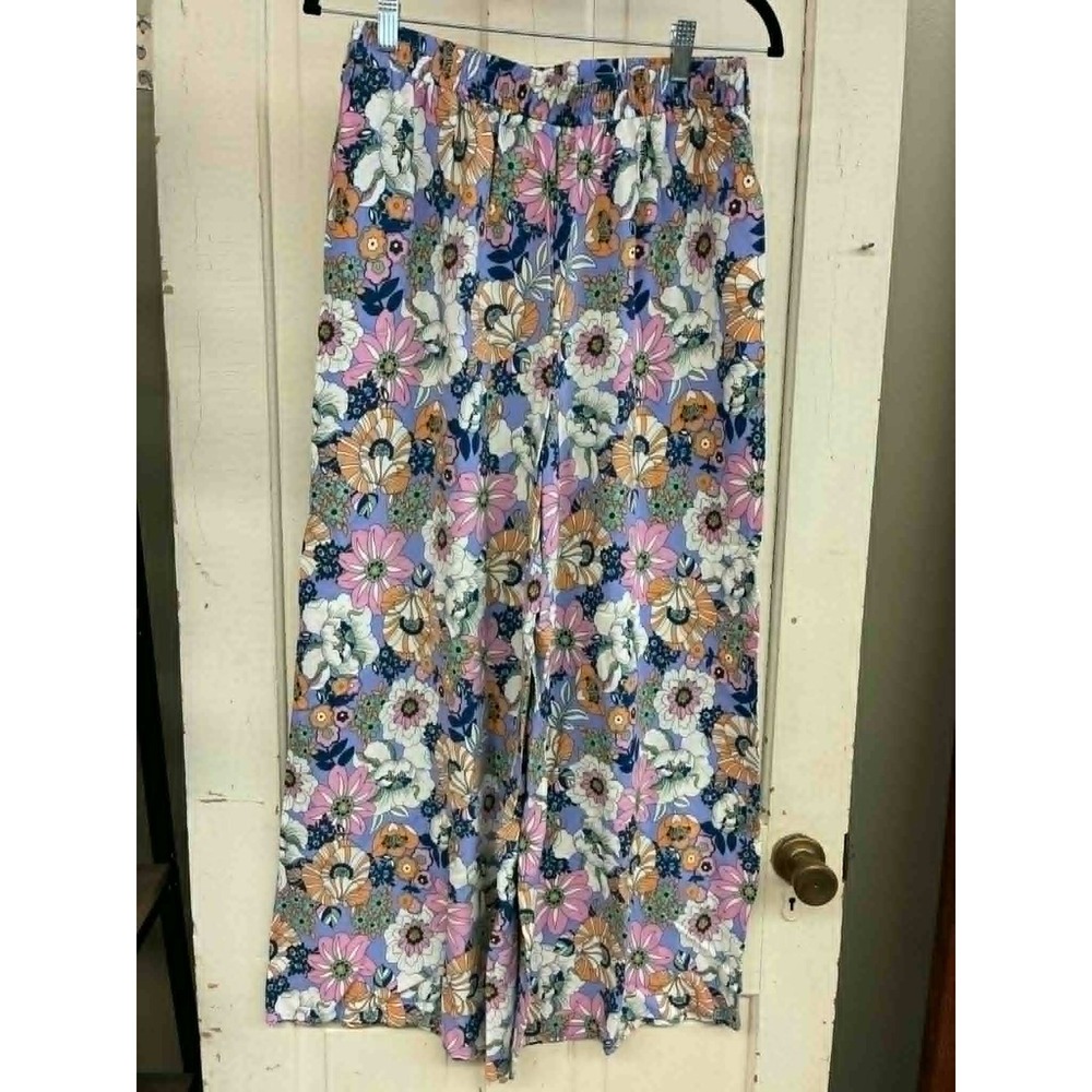 Floral Wide Leg Pants Purple Pink Orange Botanical Print Viscose Size L